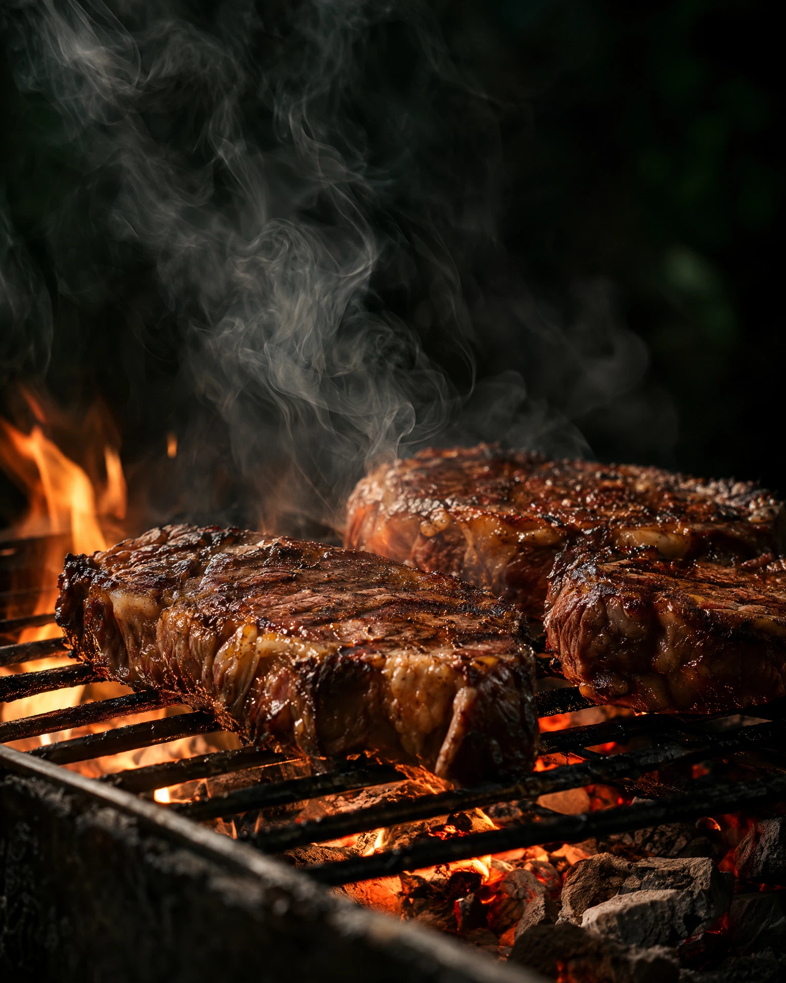 Carne sobre a grelha e brasas acesas