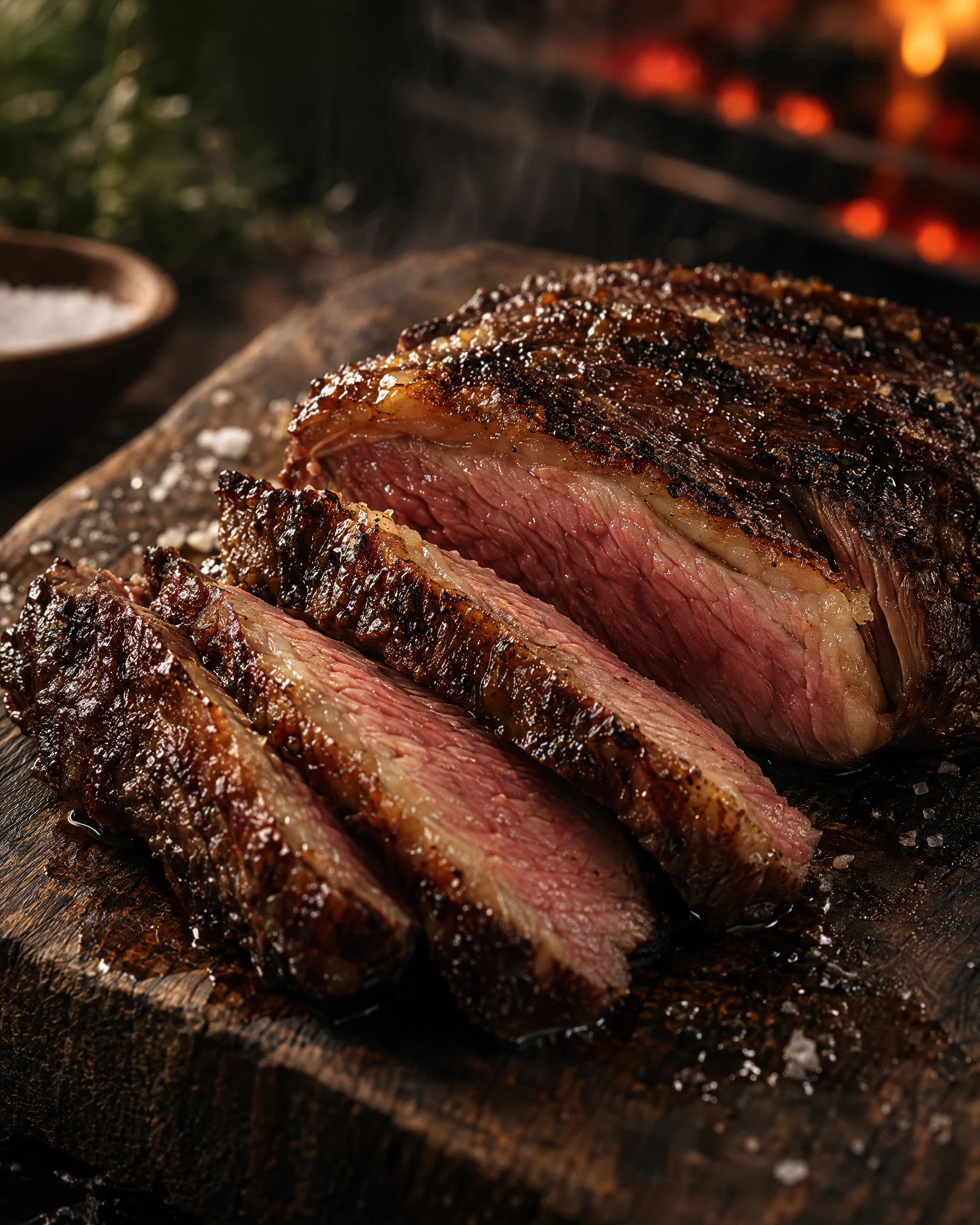 Churrasco servido sobre tábua de madeira